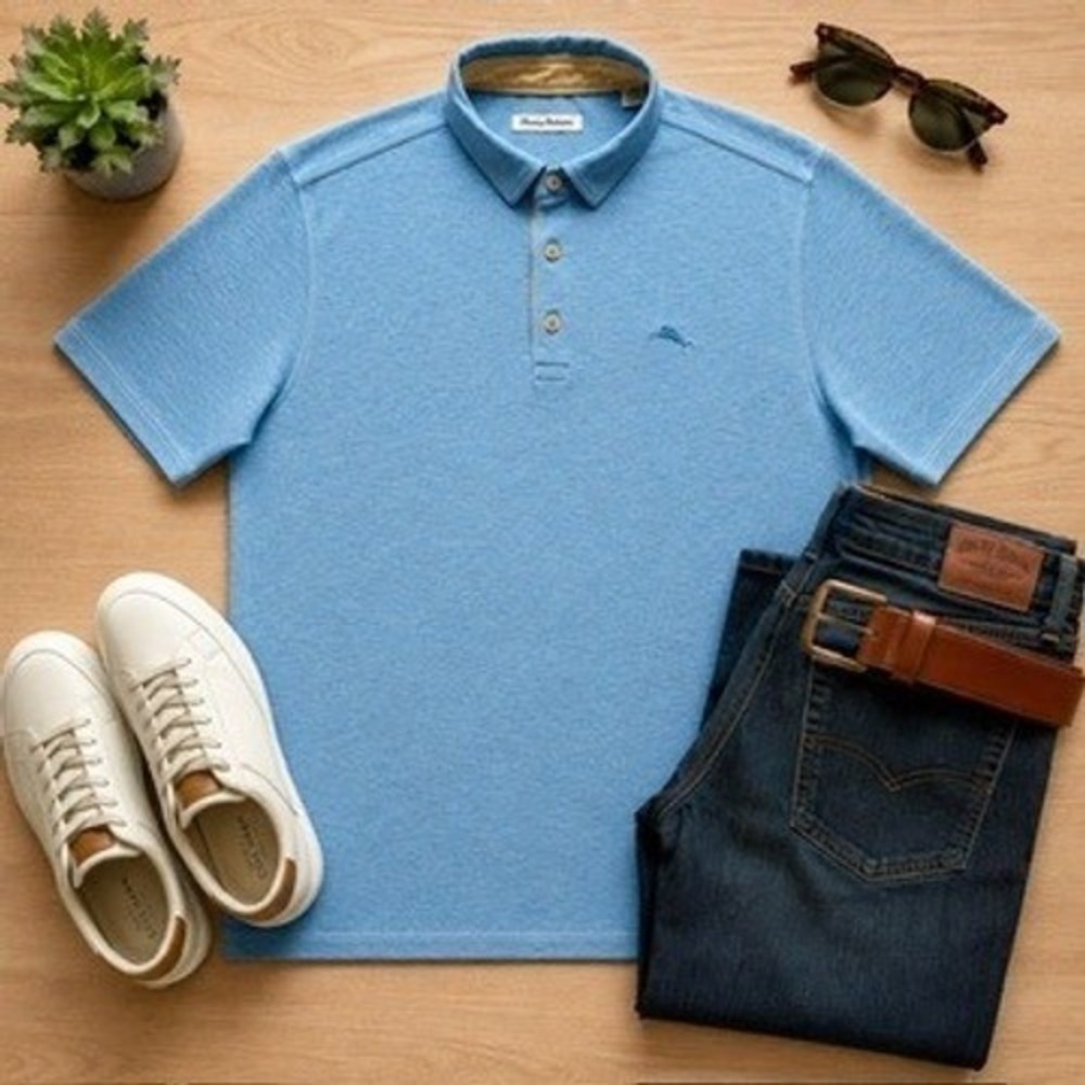 Tommy Bahama Men's Blue Heather Slub Knit Short Sleeve Polo Shirt Large